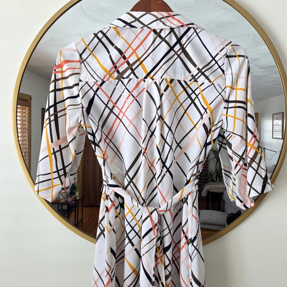 New York & Co White Plaid Button Front Shirt Dress Belted Small Petite EUC NY&Co - Picture 9 of 16